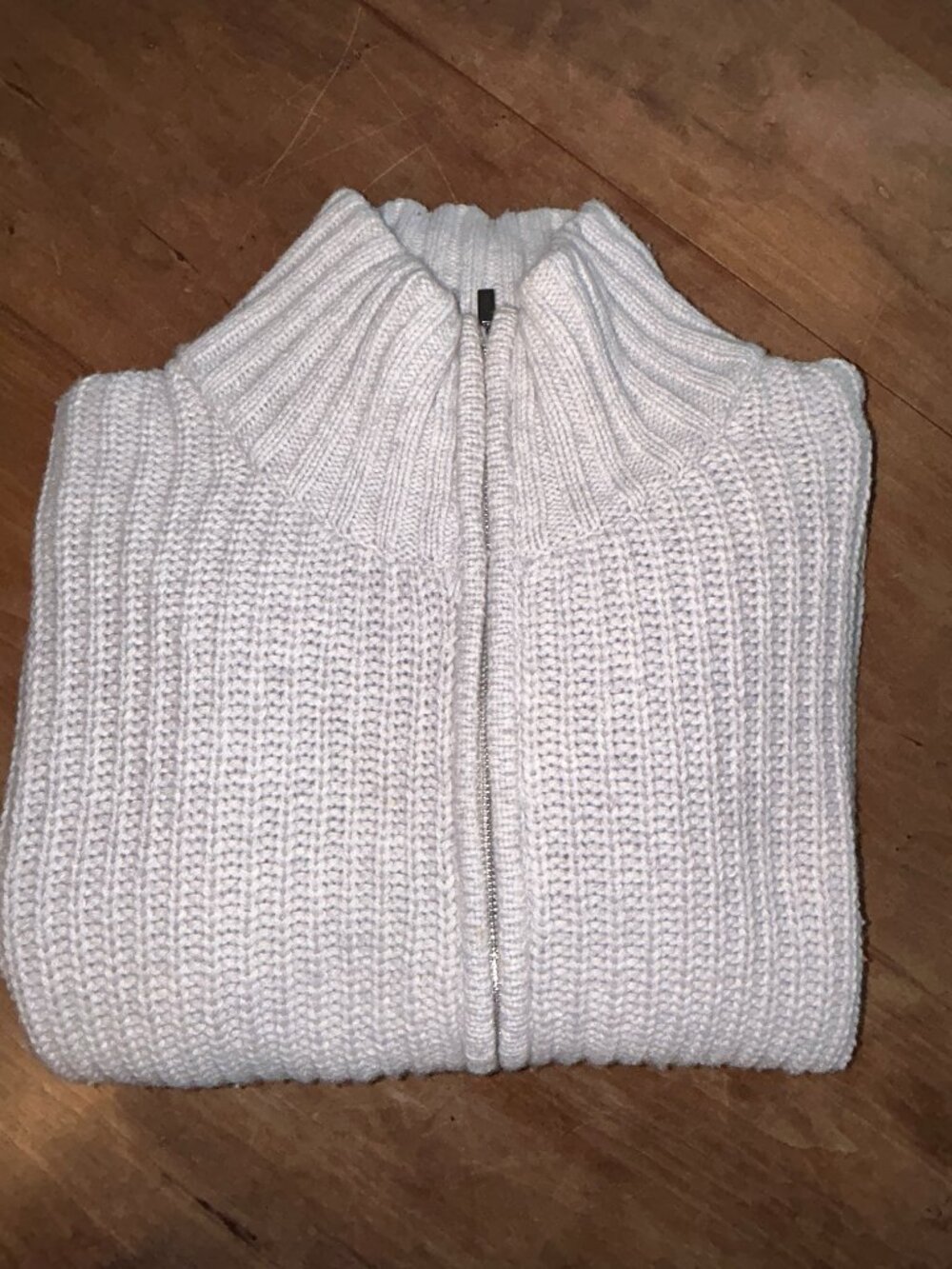 White + Warren Ribbed Full Zip Cardigan Sweater, Large, Ivory, Mock Neck